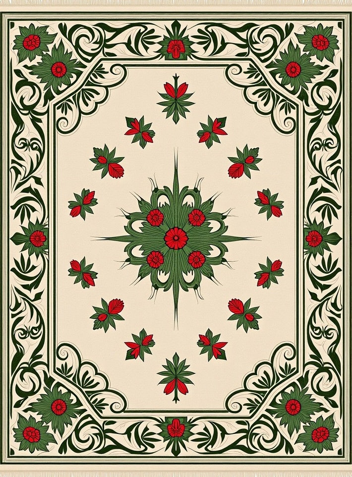 Cream Red Green Floral Scroll Border Rug