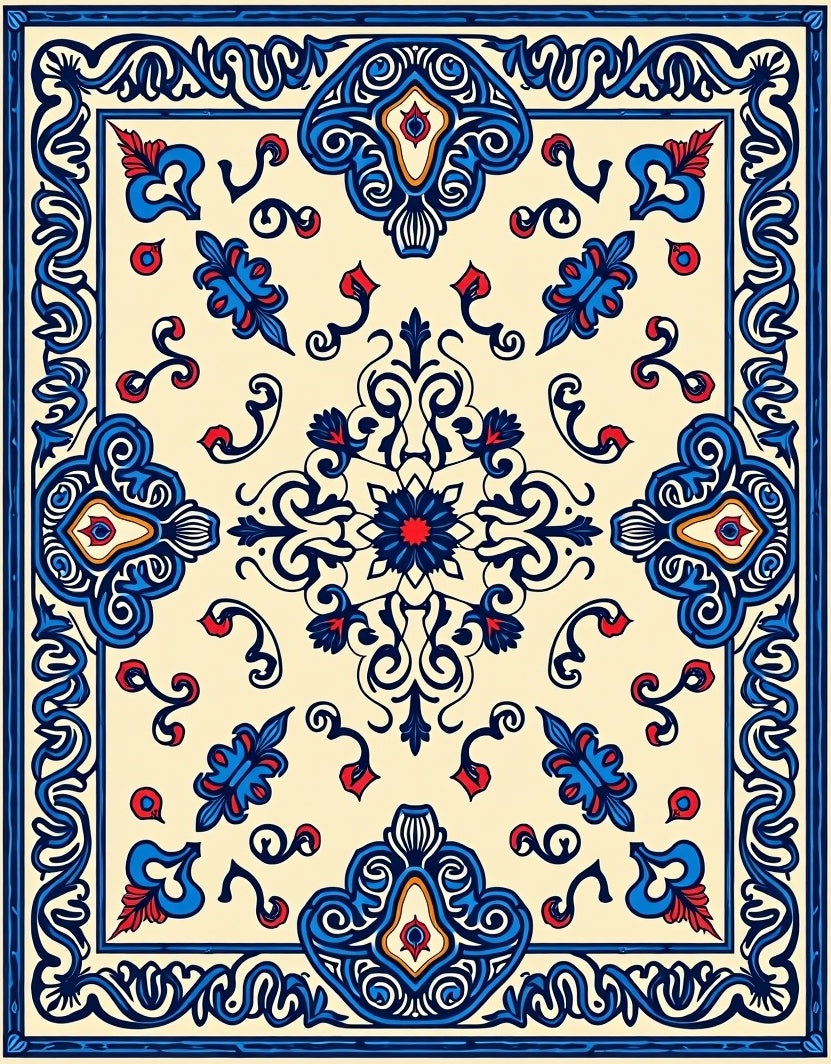 Cream Blue Red Floral Medallion Harmony Rug