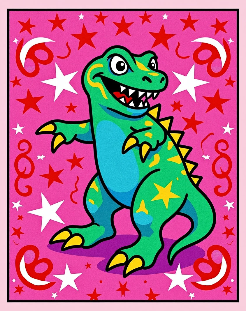 Playful Green Dinosaur Pink Star Rug