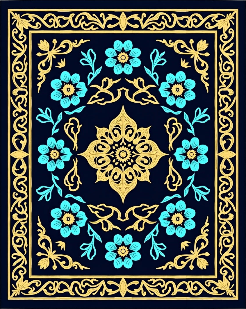 Dark Blue Golden Floral Medallion Rug