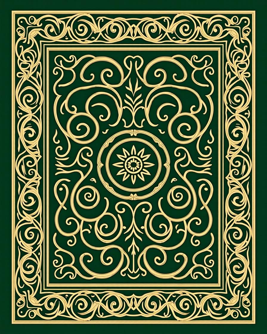 Ornate Green Gold Laurel Scrollwork Rug