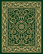 Ornate Green Gold Laurel Scrollwork Rug