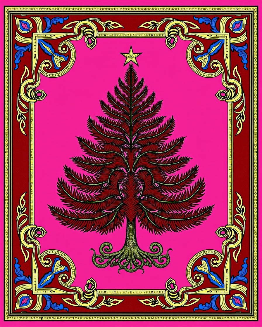 Vibrant Pink Red Tree Border Rug