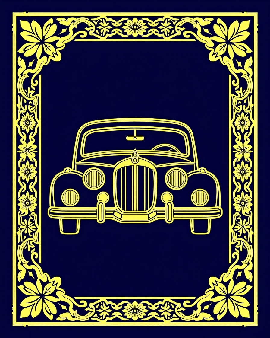 Golden Vintage Car Floral Border Rug