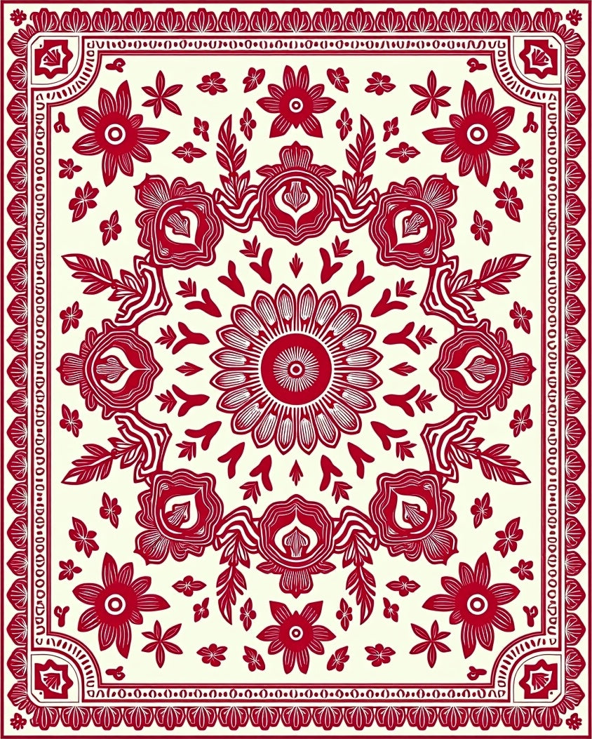 Bold Crimson Floral Mandala Rug