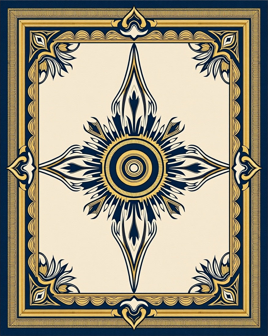 Navy Gold Sunburst Mandala Frame Rug