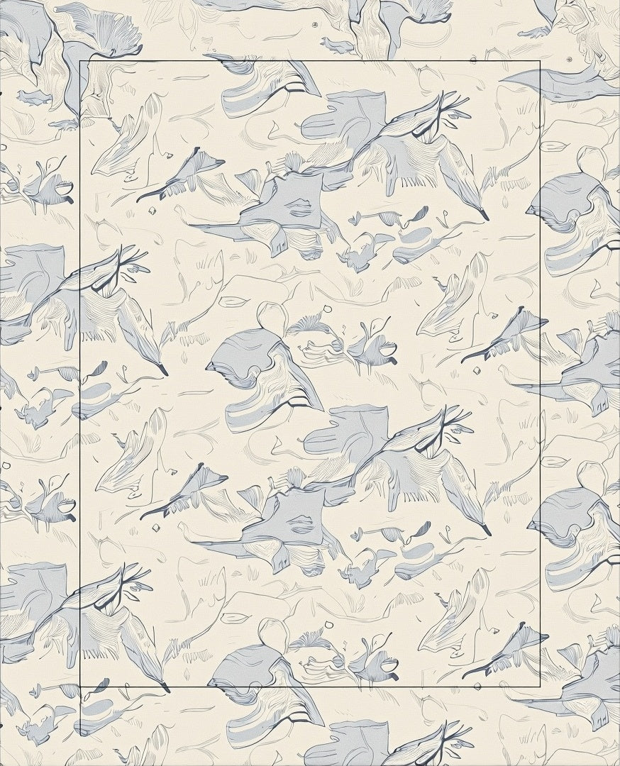 Cream Blue Abstract Cloud Swirl Rug