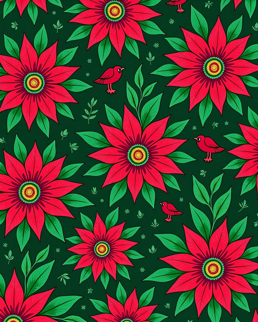Crimson Poinsettia And Bird Medallion Rug