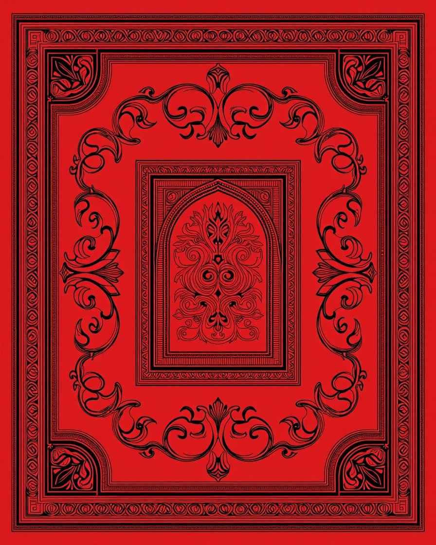 Crimson Black Ornate Scrollwork Frame Rug