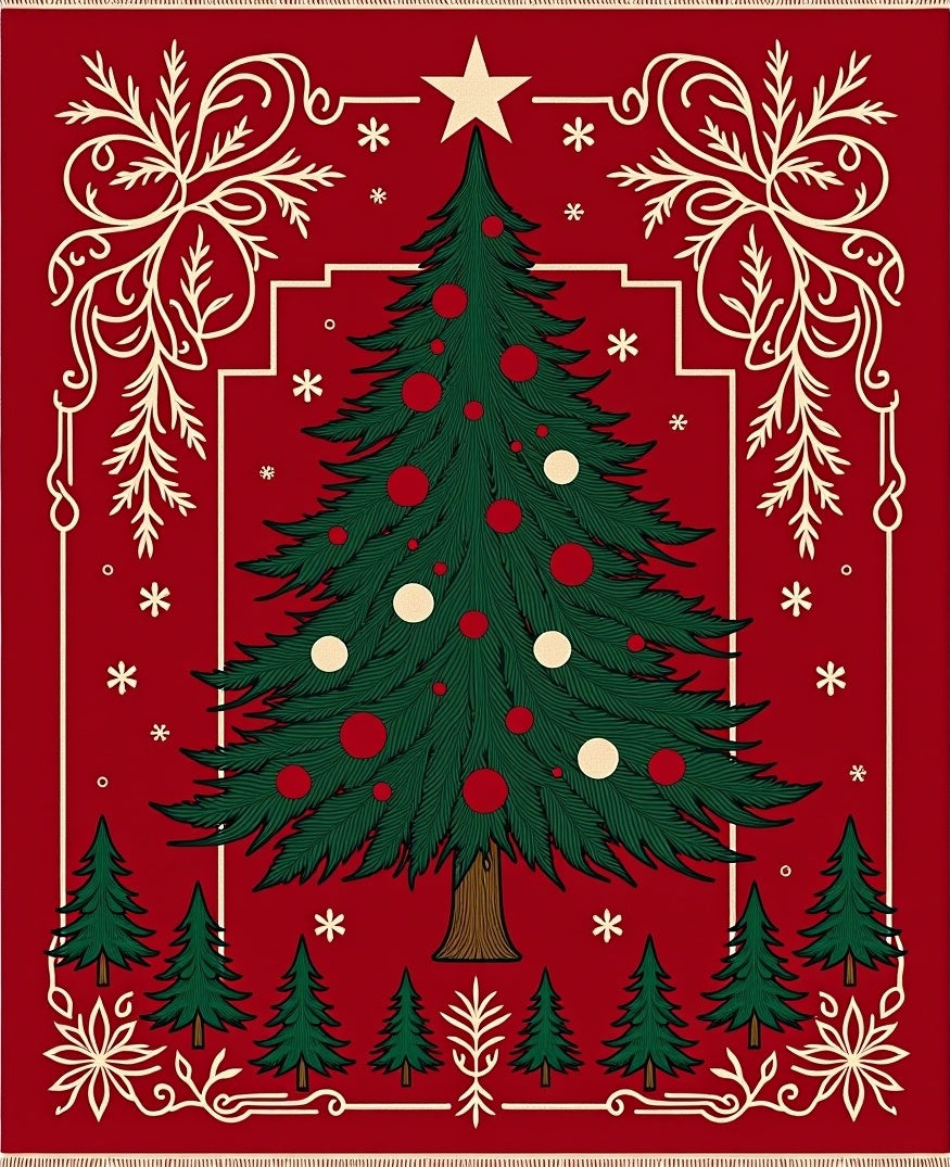Festive Red Christmas Tree Snowflakes Rug