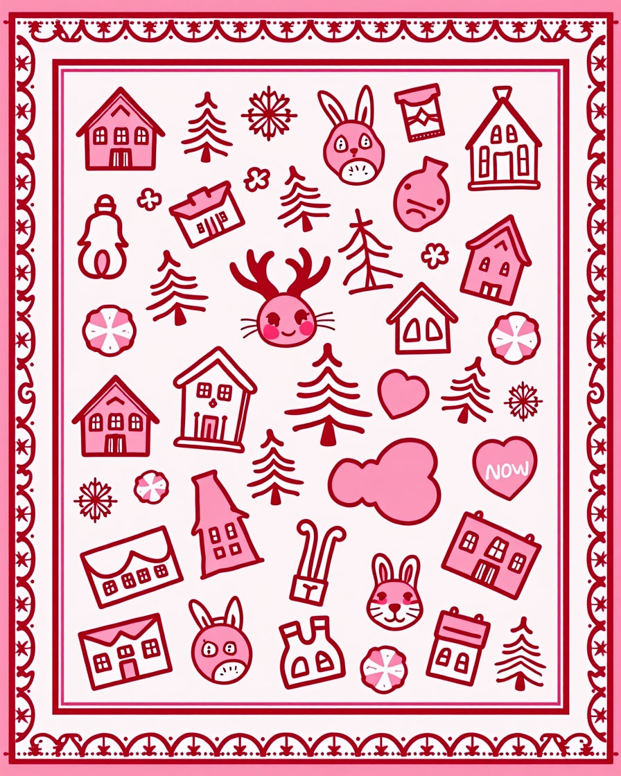 Pink Whimsical Winter Village Characters Rug