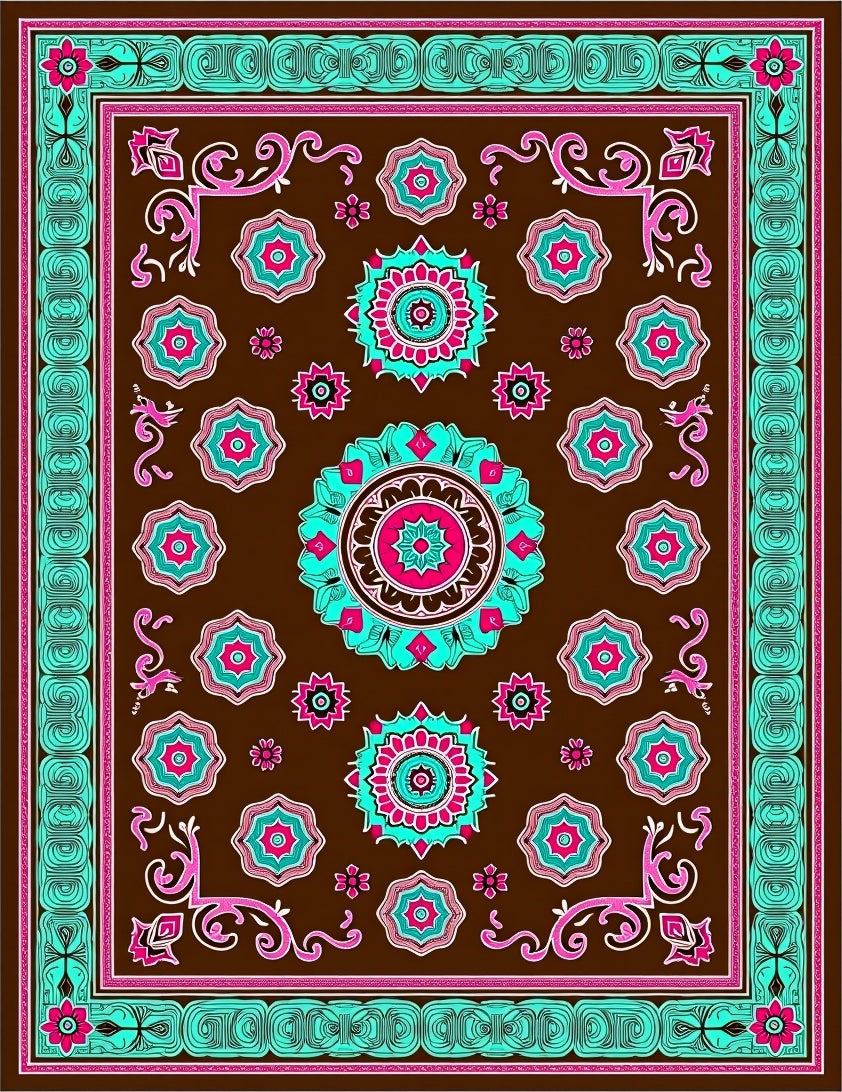 Brown Magenta Teal Floral Medallion Rug