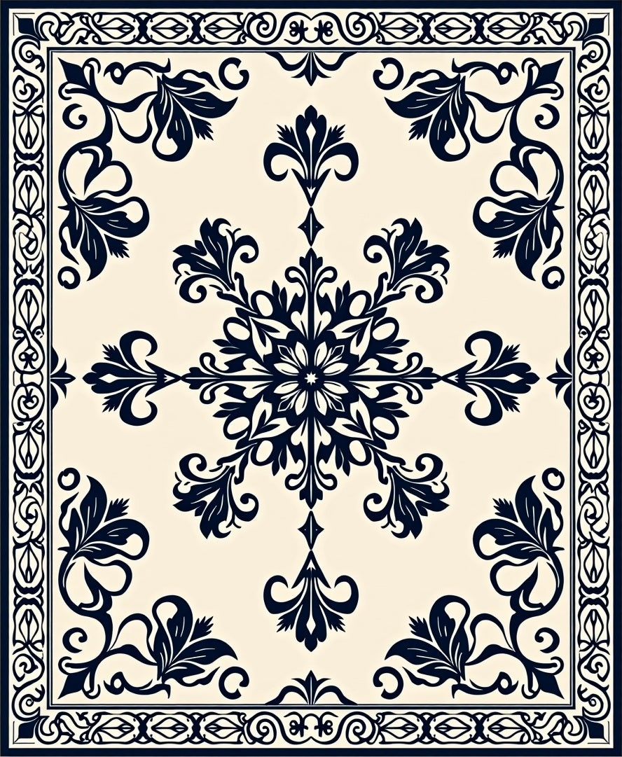 Navy Cream Floral Medallion Border Rug