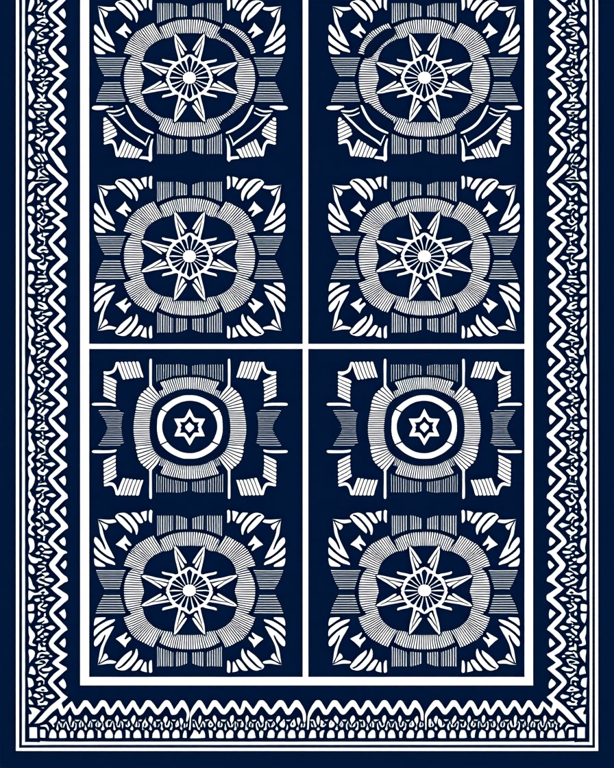 Navy White Geometric Medallion Border Rug
