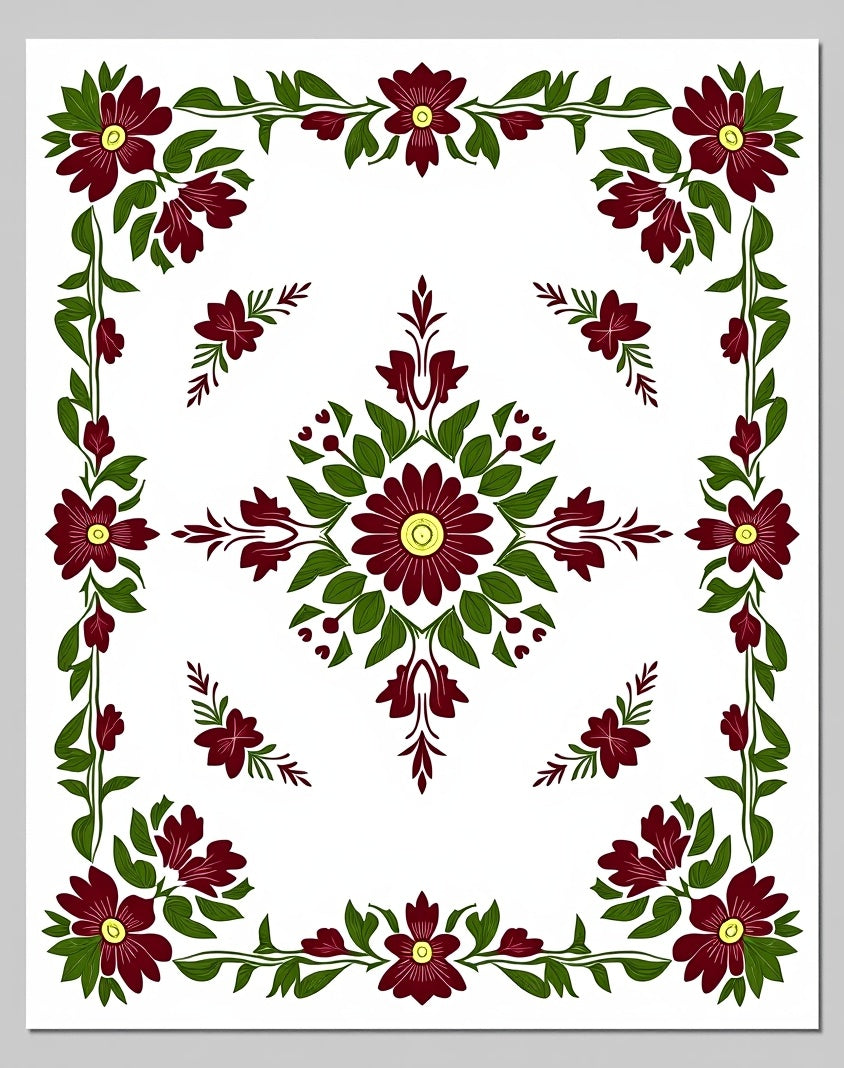 Deep Burgundy Floral Garland Border Rug