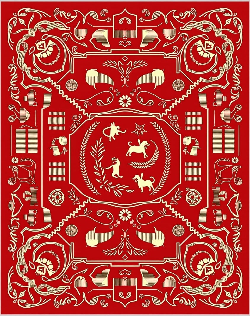 Golden Animals on Red Canvas Rug