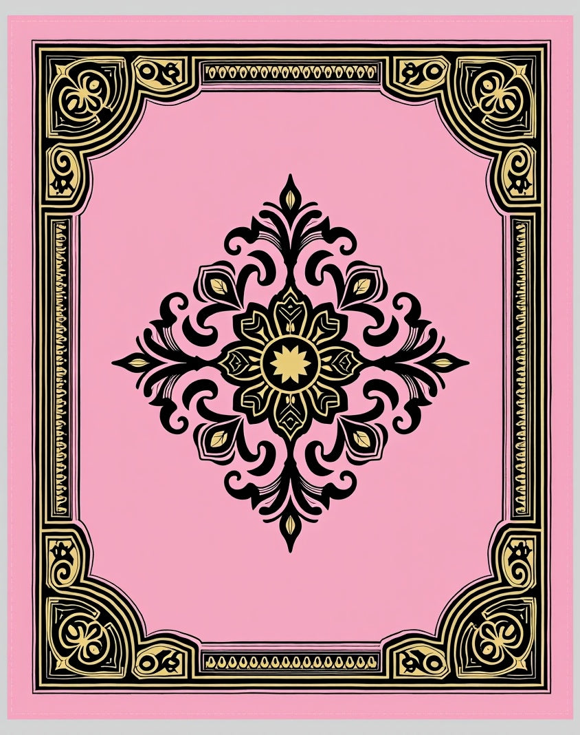 Pink Golden Floral Scroll Border Rug