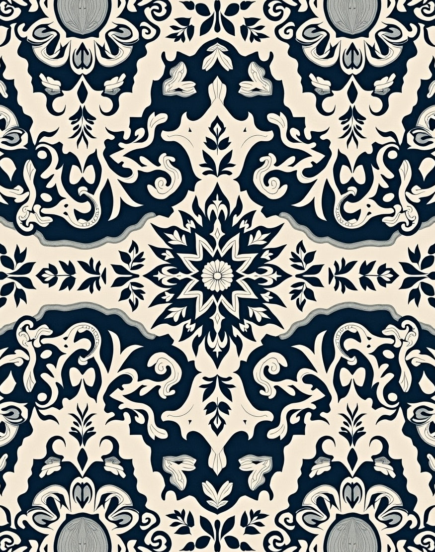 Cream Indigo Floral Medallion Ornament Rug