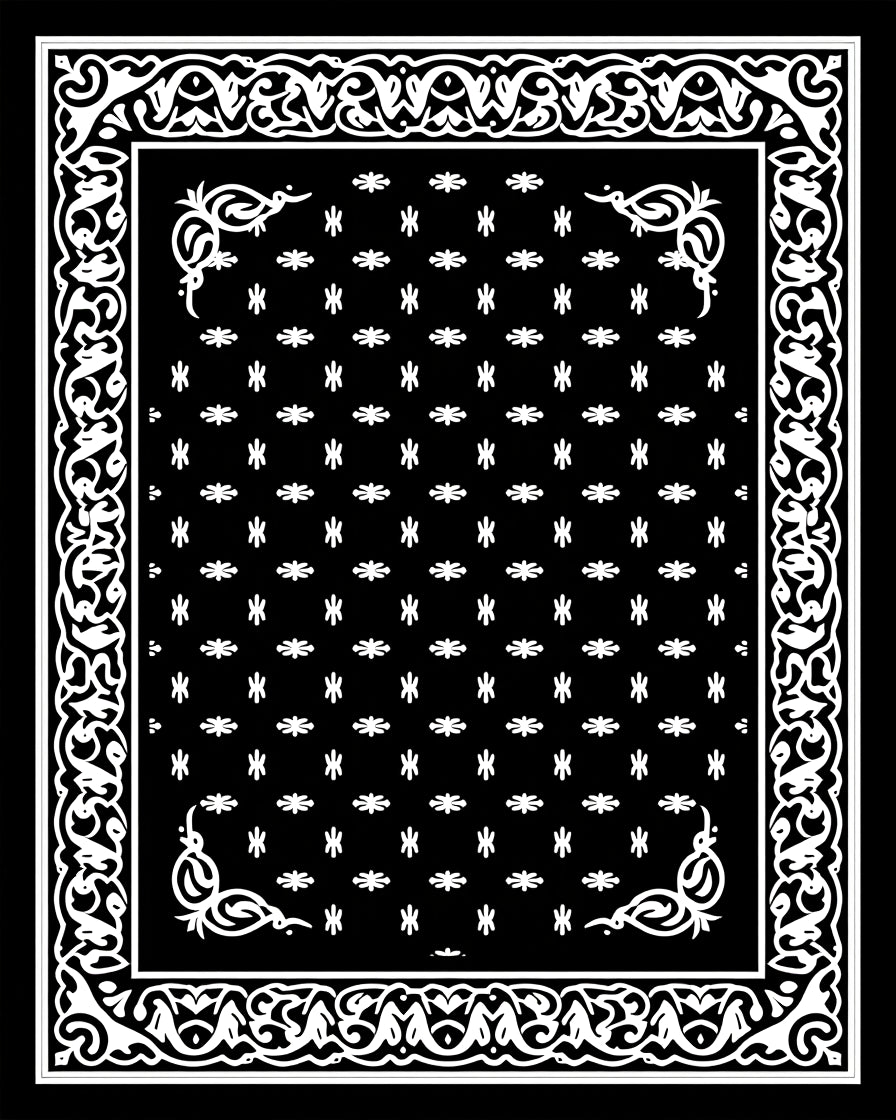 Black White Floral Classic Border Rug