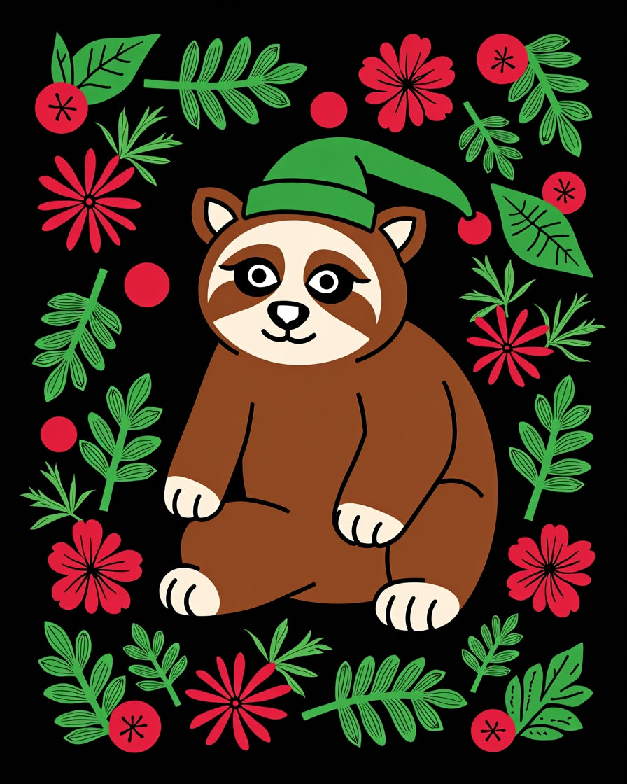 Cute Raccoon Holiday Folk Art Rug
