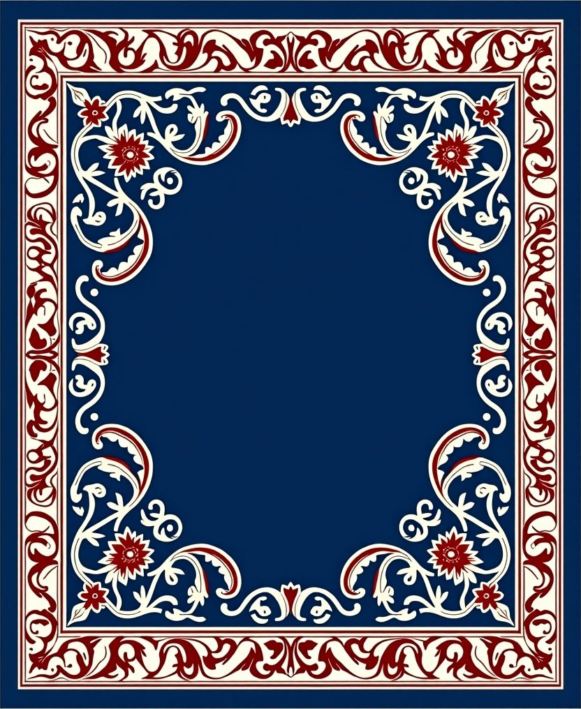 Deep Blue Red Floral Vine Border Rug