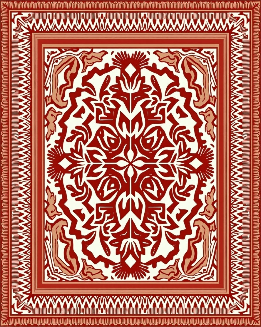 Ornate Red and Cream Ornamental Rug