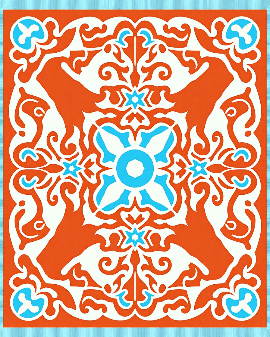 Orange White Teal Floral Medallion Rug
