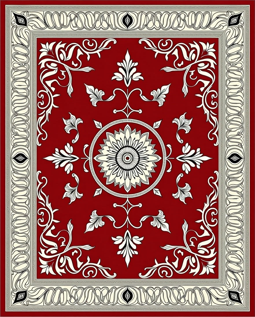 Ornate Red Floral Scrollwork Rectangle Rug