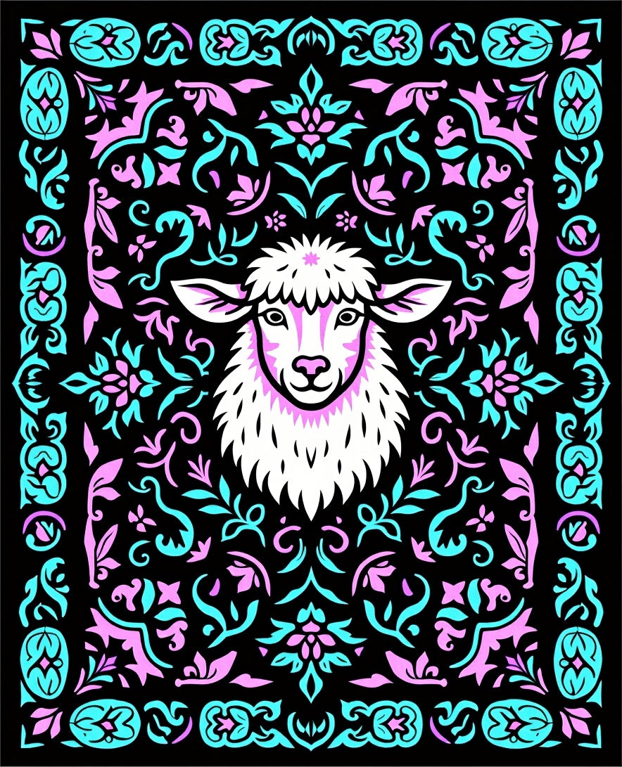 Whimsical Sheep Pink Teal Floral Border Rug