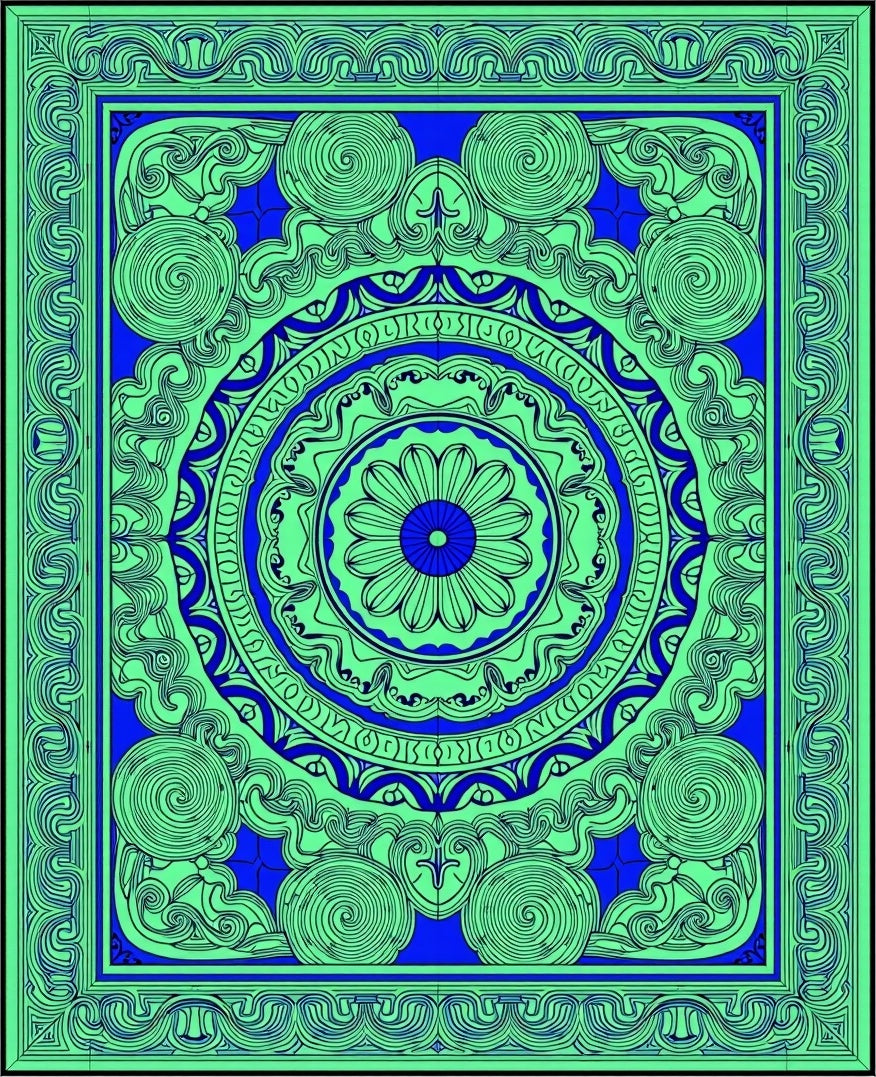 Vibrant Blue Green Circular Mandala Rug