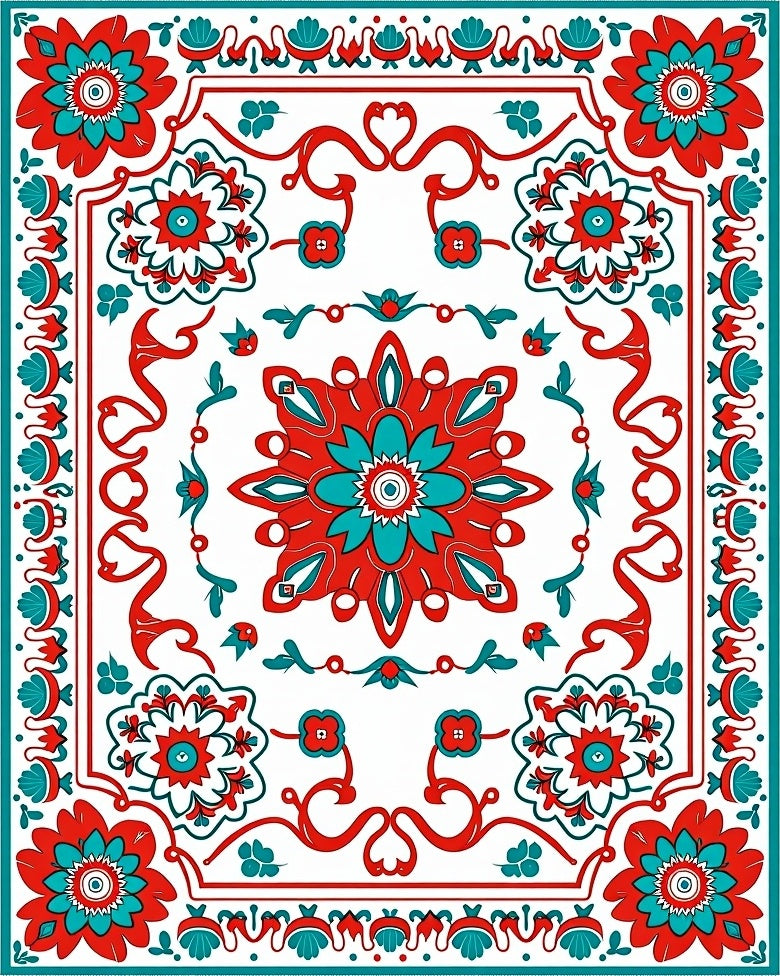Red Turquoise Floral Medallion Border Rug