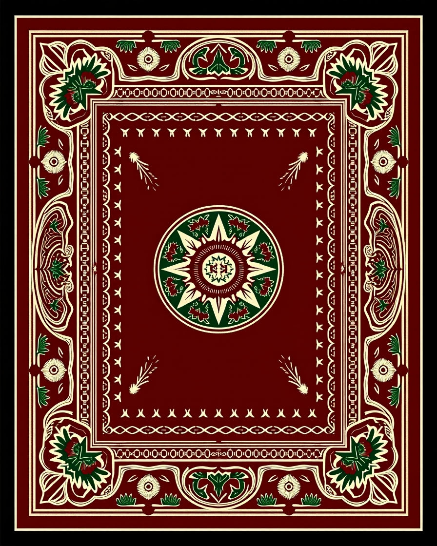 Rich Crimson Green Geometric Medallion Rug