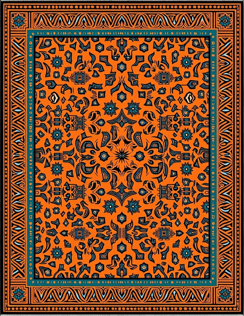 Vibrant Orange Teal Medallion Border Rug