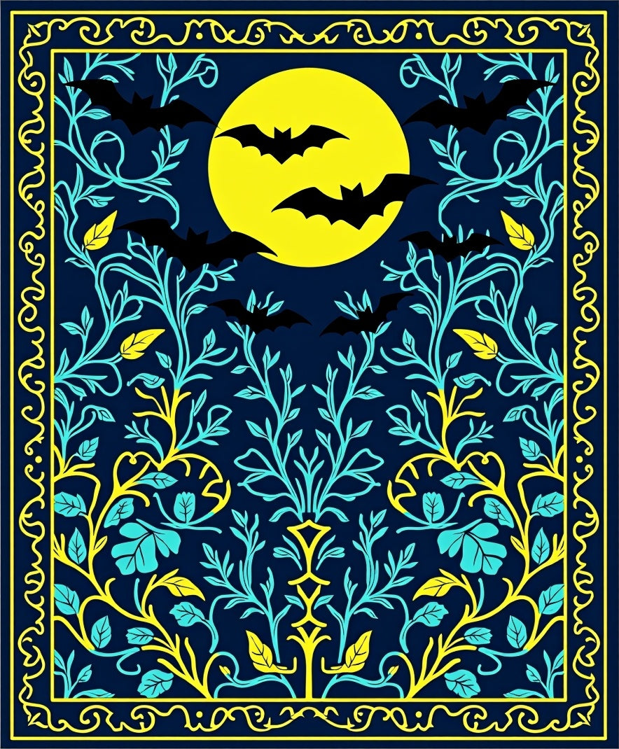 Midnight Bats Yellow Moon Botanical Rug