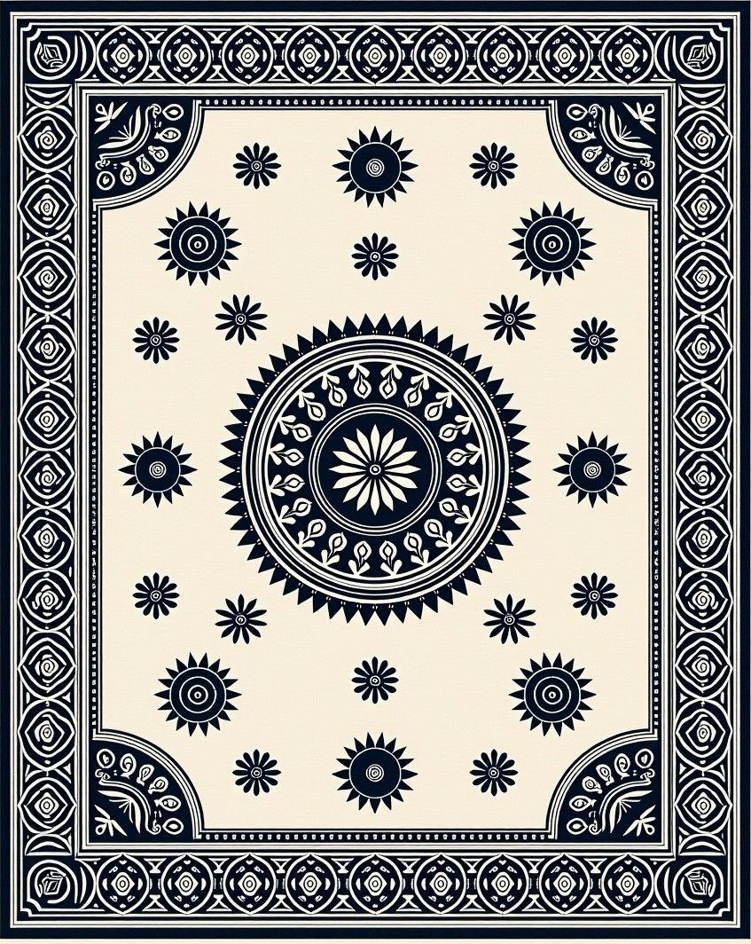 Cream and Navy Sunburst Medallion Rug