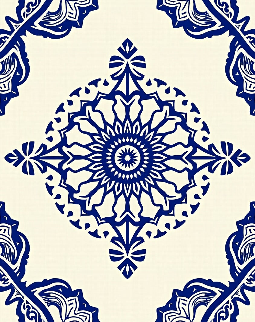 Ornate Blue Mandala Medallion Tile Rug