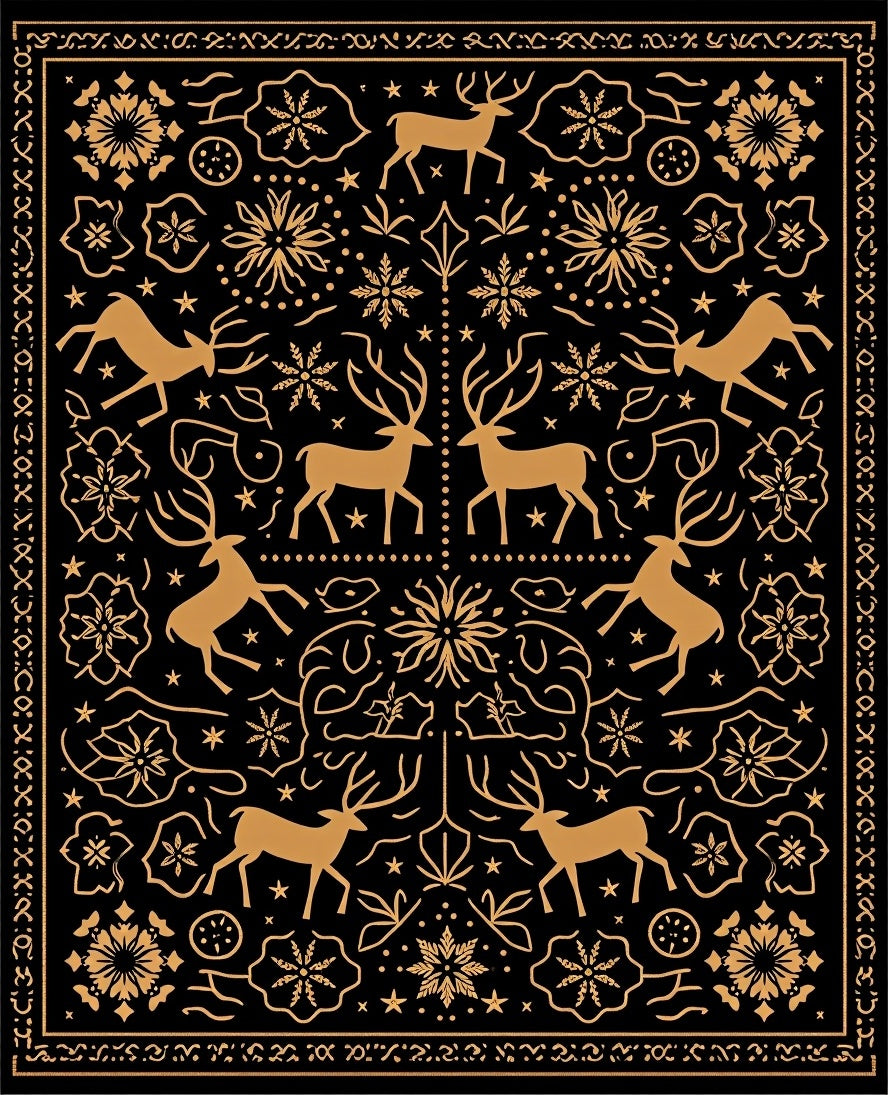 Golden Reindeer Floral Black Rug