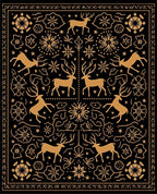 Golden Reindeer Floral Black Rug