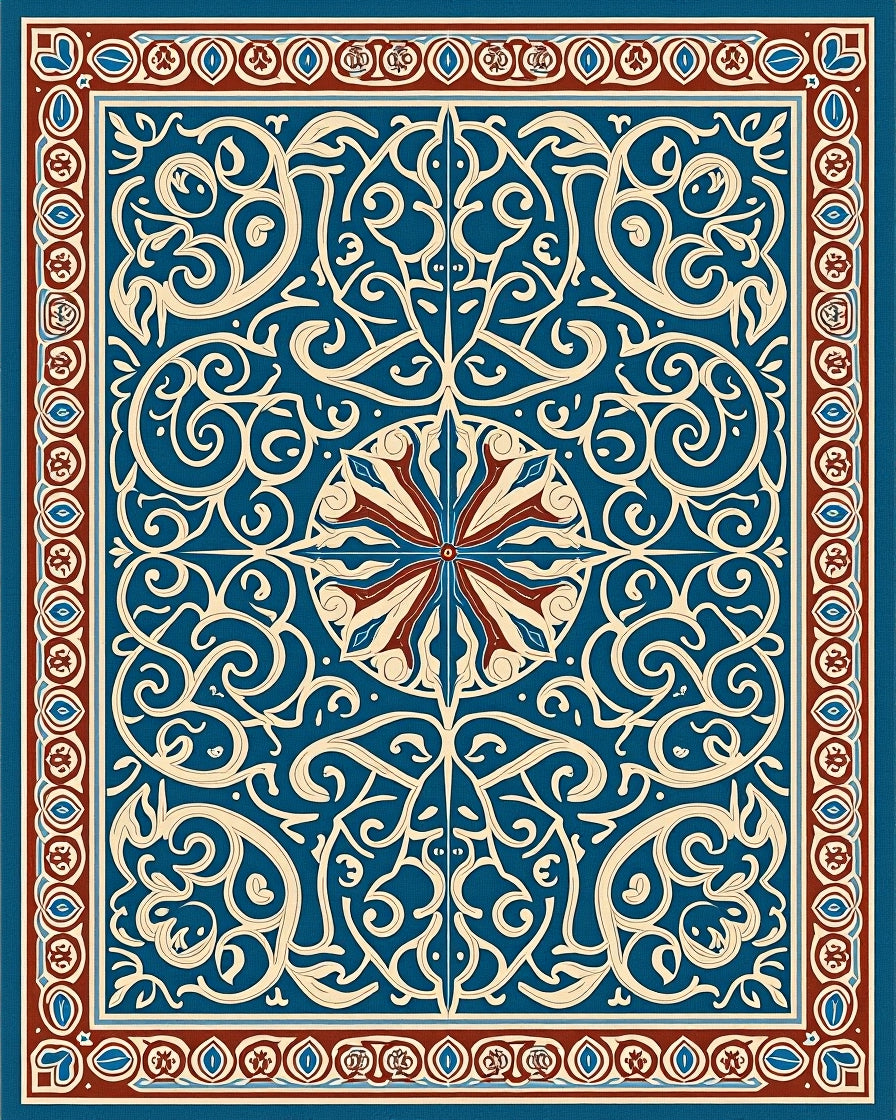 Classic Blue Red Floral Scroll Rug
