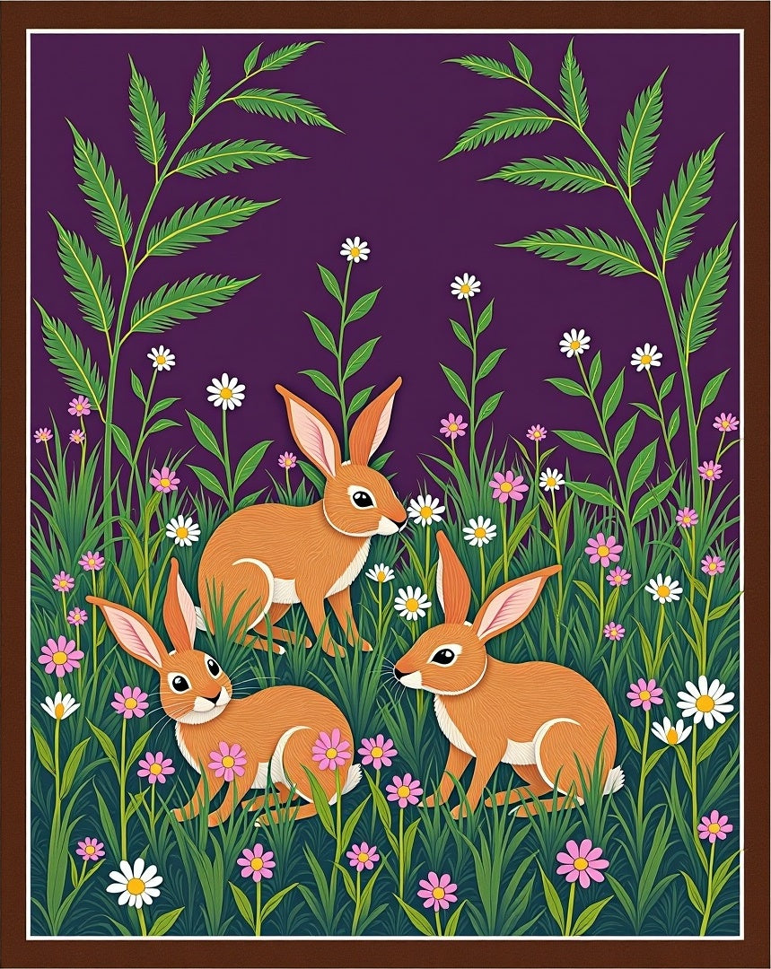Orange Rabbits Among Wildflowers And Foliage Rug