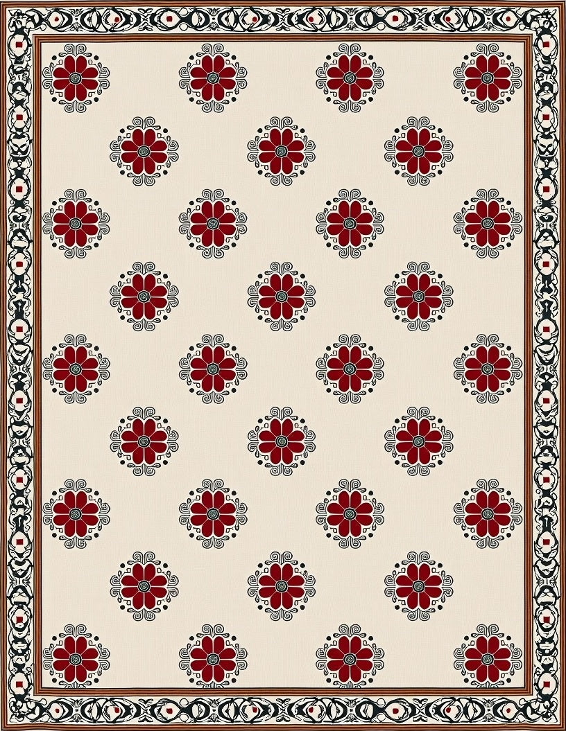 Cream Red Floral Medallion Border Rug