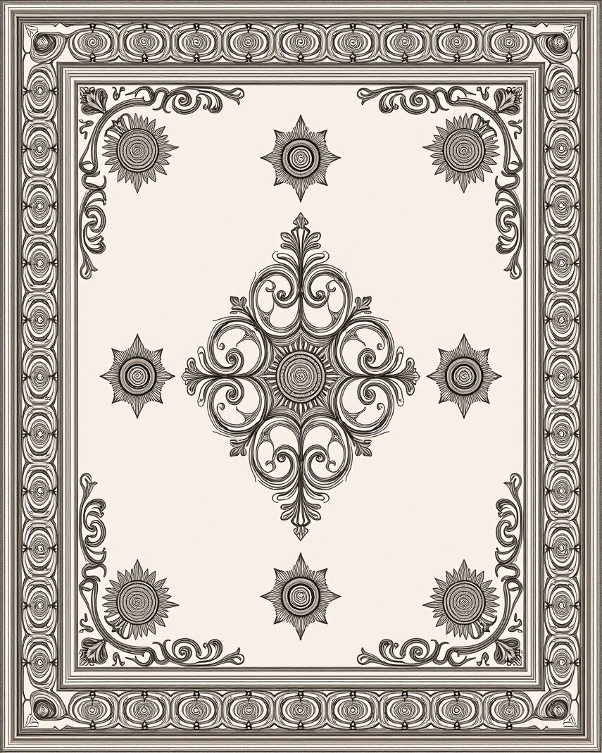 Ornate Black and Cream Scrollwork Medallion Rug