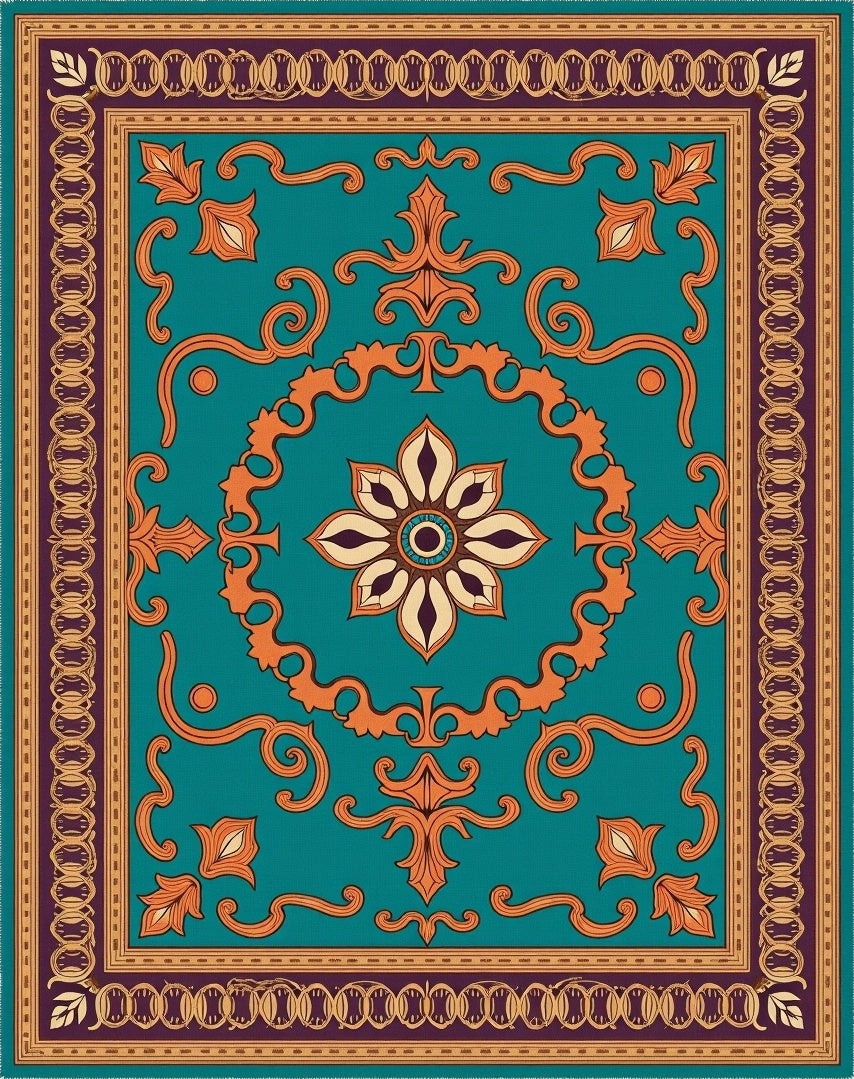 Teal Orange Floral Medallion Arabesque Rug