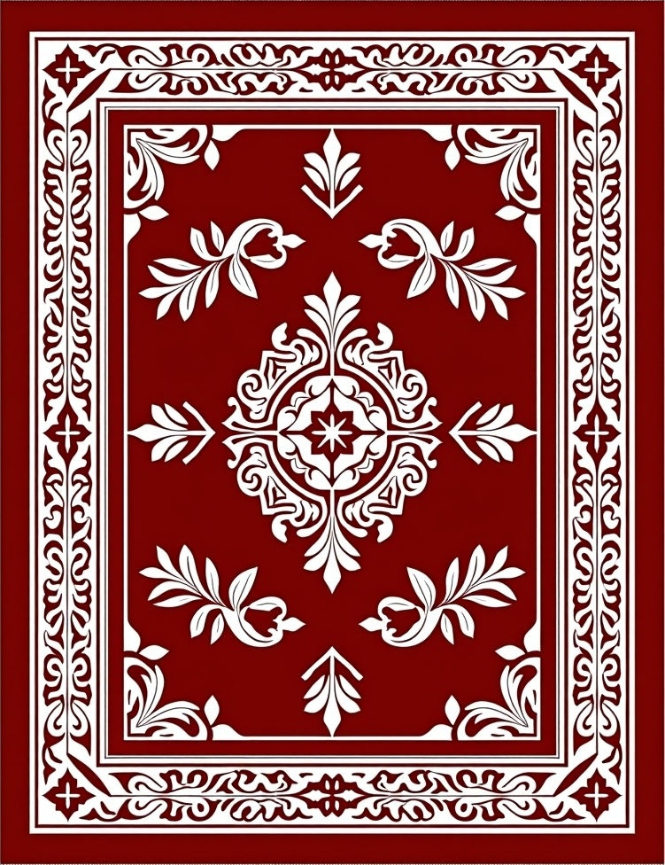 Crimson White Ornate Floral Medallion Rug