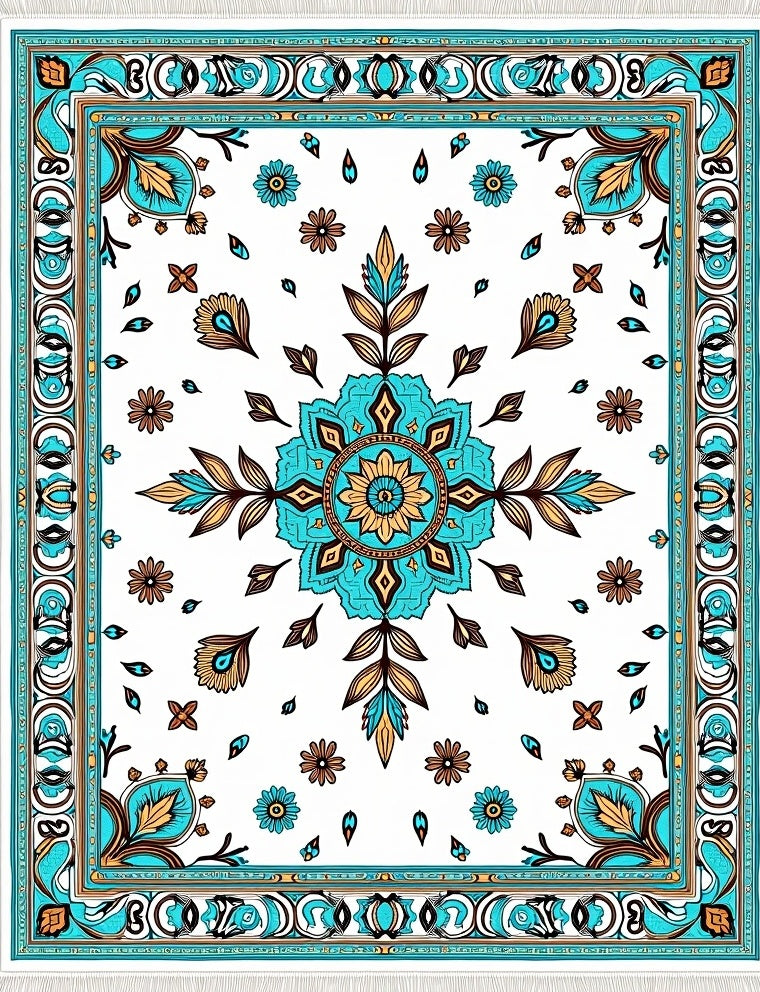 Aqua and Gold Floral Medallion Rug