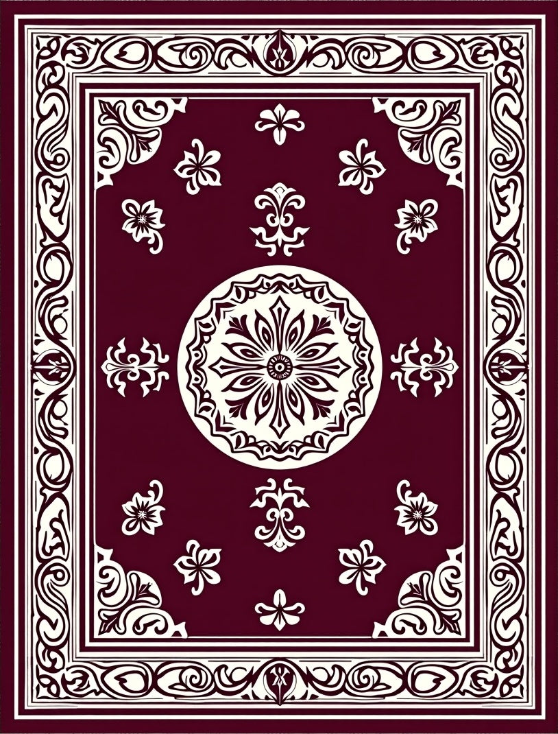 Crimson Bloom Scrollwork Frame Rug