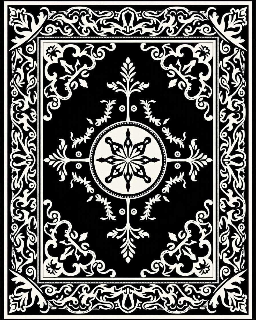 Classic Black White Scroll Medallion Rug