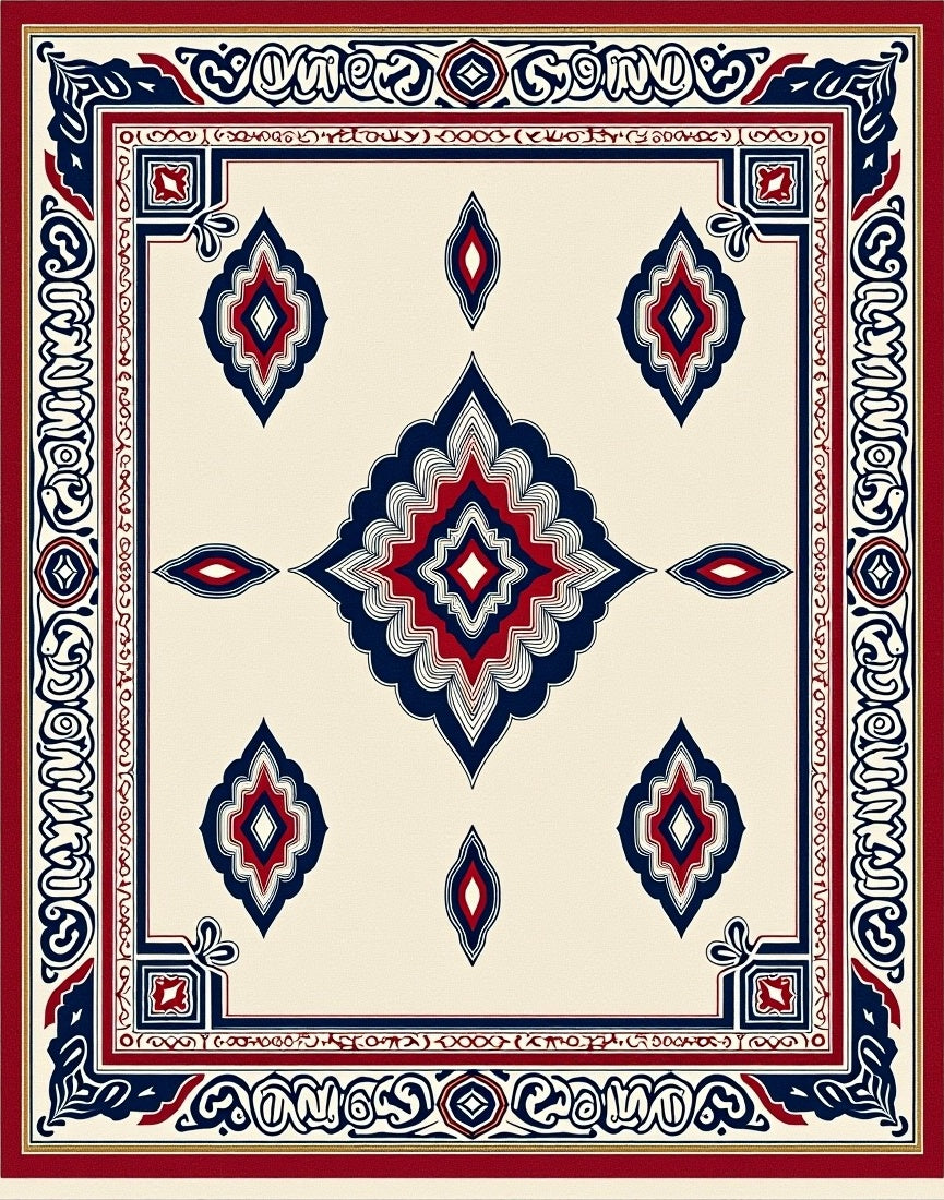 Cream Red Blue Geometric Medallion Rug