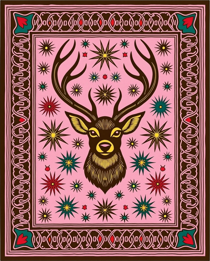 Pink Deer Stag Starburst Folk Art Rug