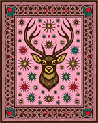 Pink Deer Stag Starburst Folk Art Rug